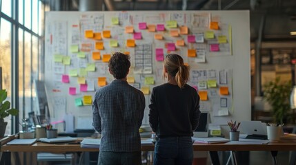 Two People Planning a Project Using Sticky Notes
