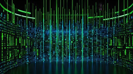 A large room with green and blue lights and a lot of numbers