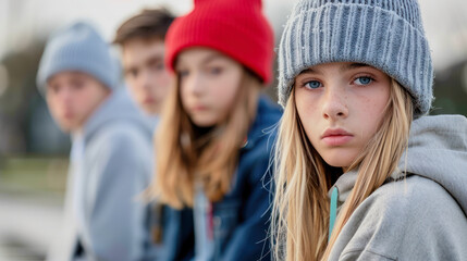 Portrait illustration of a sad looking female teenager with her friends