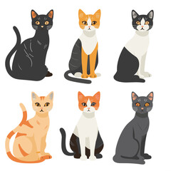 Six different cats, various colors coat patterns, sitting looking forward. Domestic felines, cartoon style, isolated white background, pet variety, cat exhibits distinct fur markings, whiskers, eyes