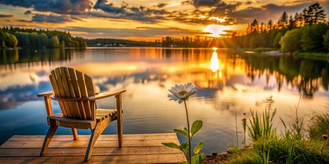 Adirondack Chair by the Lake at Sunset, Photography, Adirondack Chair, Sunset, Lake, Nature
