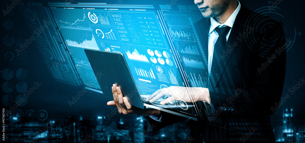 Poster big data technology for business finance analytic concept. modern interface shows massive informatio