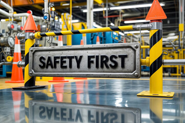A safety sign on a metal gate with sign says word text phrase "SAFETY FIRST". Concept of worker safety during work.