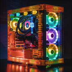 Fototapeta premium Custom gaming PC with vibrant RGB lighting and intricate internal design 