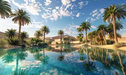 Tranquility of a desert oasis, palm trees casting dappled shadows on crystal-clear pools reflecting the azure sky. Sand dunes rise majestically in the background under a blazing sun