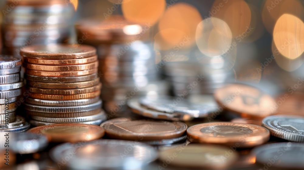 Poster stacks of coins piled on a reflective surface with soft bokeh lighting