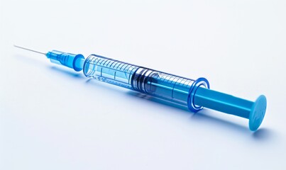 Fototapeta premium Blue Self injection pen with insulin or semaglutide macro on white background. Medication, diabetes and medicine concept