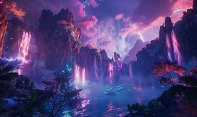 Fototapeta premium Vibrant canyon with gravity-defying rock formations and luminous, cascading waterfalls