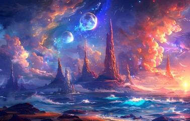 Fantasy Landscape with Mountains, Ocean, and Stars