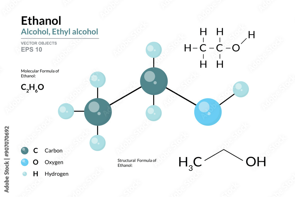 Wall mural Ethanol. Ethyl Alcohol. Structural Chemical Formula and 3d Model of Molecule. C2H6O. Atoms with Color Coding. Vector graphic Illustration for educational materials, scientific articles, presentations