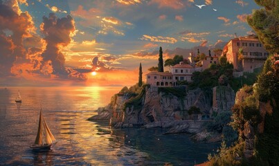 Naklejka premium Breath-taking European Coastline with Historic Buildings and a Wonderful Sunset Sky