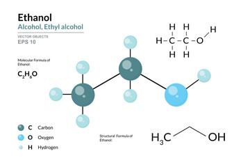 Ethanol. Ethyl Alcohol. Structural Chemical Formula and 3d Model of Molecule. C2H6O. Atoms with Color Coding. Vector graphic Illustration for educational materials, scientific articles, presentations