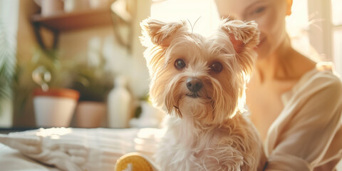  A woman is grooming her golden retriever in a cozy indoor setting