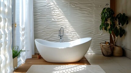 Washroom with modern freestanding tub and floor-to-ceiling tiles