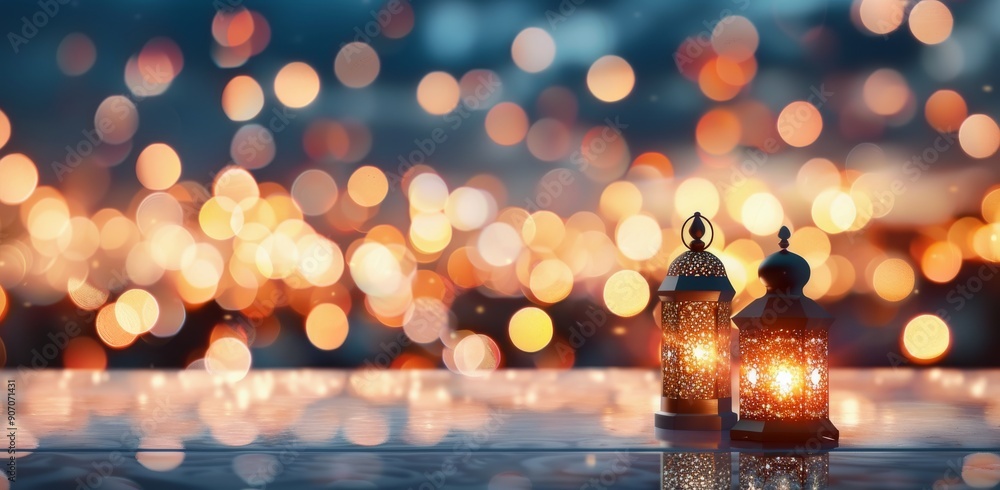 Poster lanterns glowing at dusk with colorful bokeh background