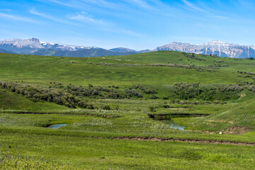 The Rocky Mountain Foothills landscape view from highway 22 south of Calgary