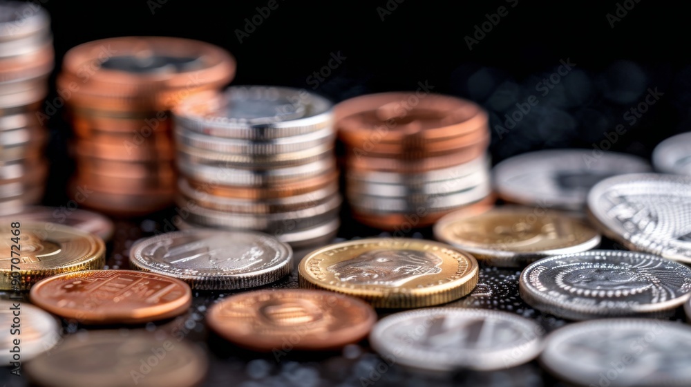 Poster stacks of coins piled on a reflective surface with soft bokeh lighting