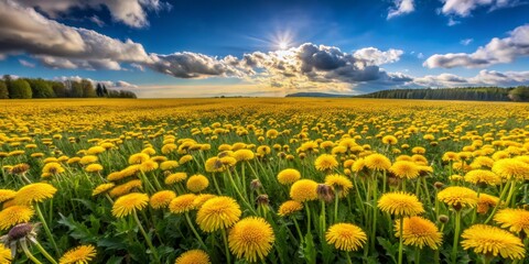Obraz premium Field of Dandelions with Sunburst Sky, Landscape, Nature, Yellow Flowers, Spring , landscape , nature