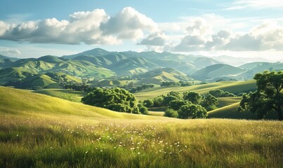 Fototapeta premium Scenic countryside with rolling hills and open fields, pastoral charm