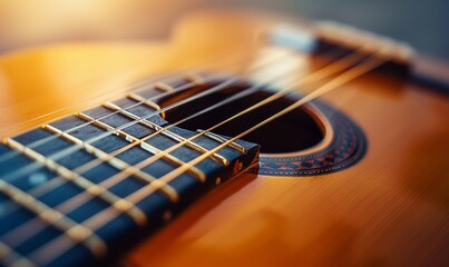Fototapeta premium Zoom in on the delicate strings of a classical guitar, each fret and tuning peg a testament to craftsmanship and musical precision
