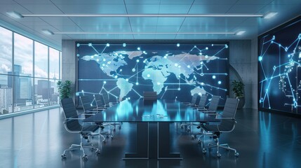 Modern Meeting Room with Abstract Virtual World Map Background. generative AI image