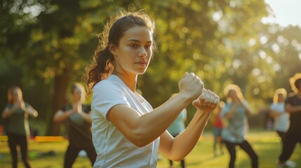 Obraz premium Woman Practicing Self-Defense in Park Setting with Group, Focus on Form and Supportive Atmosphere