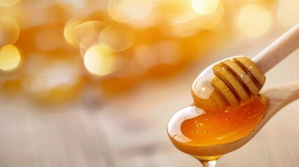 Natural Honey Dripping From Wooden Spoon Against a Soft, Blurred Background
