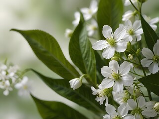 Delicate white flowers adorn the tree branches with the magic of spring. It is a stunning floral masterpiece.