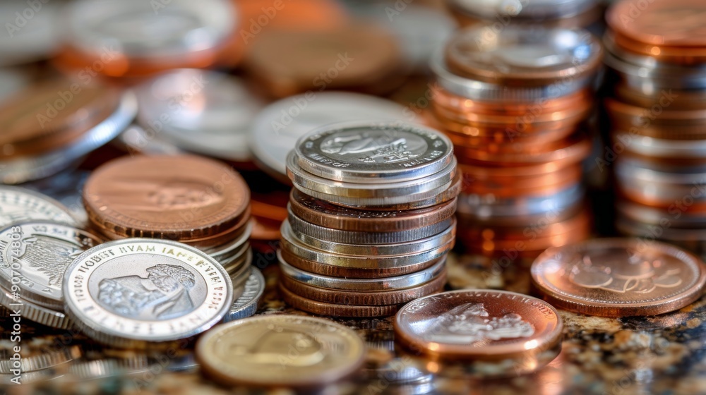 Poster stacks of coins piled on a reflective surface with soft bokeh lighting