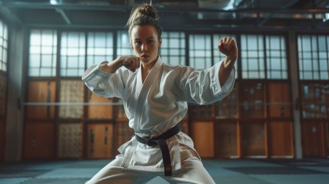 Focused Martial Arts Training in Spacious Dojo - Perfecting Technique and Form