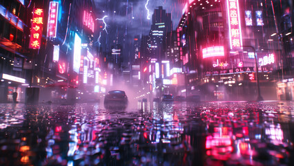 Naklejka premium Futuristic City in the Rain with Stormy Skies
