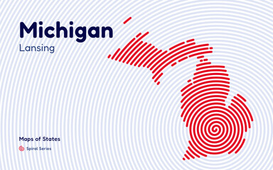 Fototapeta premium Michigan Map in Spiral Formation: Lansing Takes Center Stage. Fingerprint and stripes pattern. American states maps.