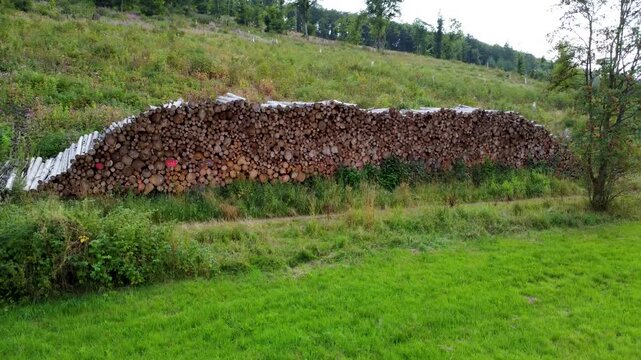 Drohnenaufnahme von Holzstapel und gerodetem Wald aus gr&ouml;&szlig;erer Entfernung in Hessen, Deutschland