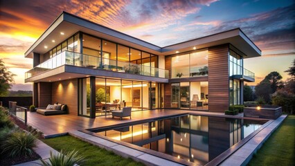 Fototapeta premium Modern Luxury Home with Sunset Sky, Infinity Pool and Glass Walls, Photography, Architecture , Exterior , Design , Contemporary