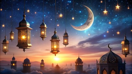 Fototapeta premium Mosque Silhouette in Starry Night with Lanterns, Islamic, Ramadan, Eid, Festival ,