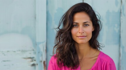 Fototapeta premium Smiling Woman in Pink Top Against a Soft Pink Background