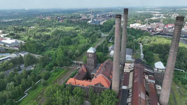 Aerial drone view of the Szombierki Heat and Power Plant,  Bobrek Power Plant. Technical Monuments of the Silesian Voivodeship. Old Heat and Power Plant in Bytom, Poland.