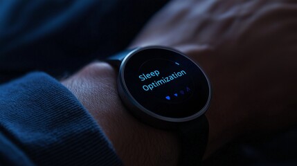 Fototapeta premium A person sleeping with a smartwatch displaying 'Sleep Optimization', emphasizing the use of technology for better sleep quality. Main objects: smartwatch, arm, bed.