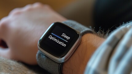 A person sleeping with a smartwatch displaying 'Sleep Optimization', emphasizing the use of technology for better sleep quality.