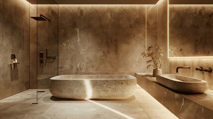Washroom with natural stone finishes and minimalist fixtures
