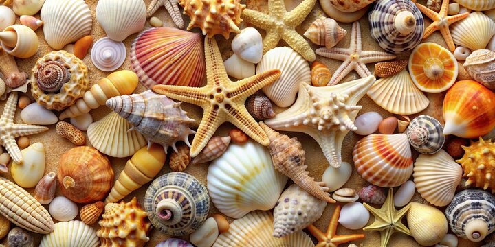 Seashells and Starfish on Sand Beach, Close-up, Colorful, Natural, Seashore, beach, shells