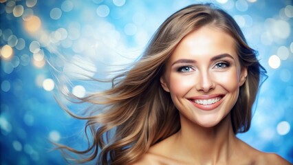 Fototapeta premium Smiling Woman with Flowing Hair on Blue Bokeh Background, portrait, beauty, happy, woman, model