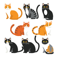 Variety cartoon cats different poses, emotions. Collection colorful feline characters sitting, standing, playing, orange black stripes. Cute cat illustrations isolated white background
