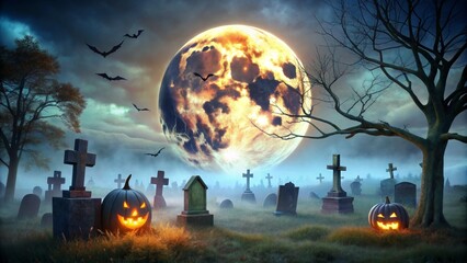 Spooky Graveyard with Glowing Jack-o'-Lantern and Full Moon, Halloween , graveyard , jack-o'-lantern , spooky