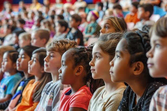 Diverse Children Attending School Assembly in Large Auditorium - Educational Event Stock Photo