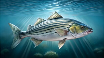 Fototapeta premium Striped Bass Underwater in Digital Painting, Fish, Ocean Life, Aquatic , Sea