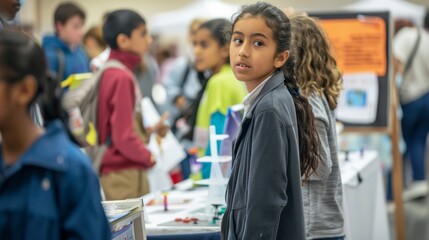 Diverse Students Showcasing Science Projects at School Fair for Visitors and Judges