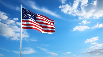 Fototapeta premium American Flag Waving Boldly Against a Clear Blue Sky