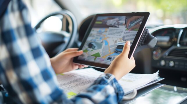 Teen Studying Driving Theory on Tablet with Manuals and Notes in Car Interior for Test Preparation