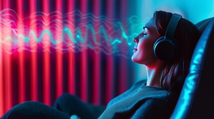 A relaxed listener enjoying a podcast on headphones, immersed in sound waves.